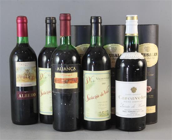 Three boxed Matusalem Sweet Old Oloroso, aged 30 years, four Spanish reds and a Portuguese Carcavelos